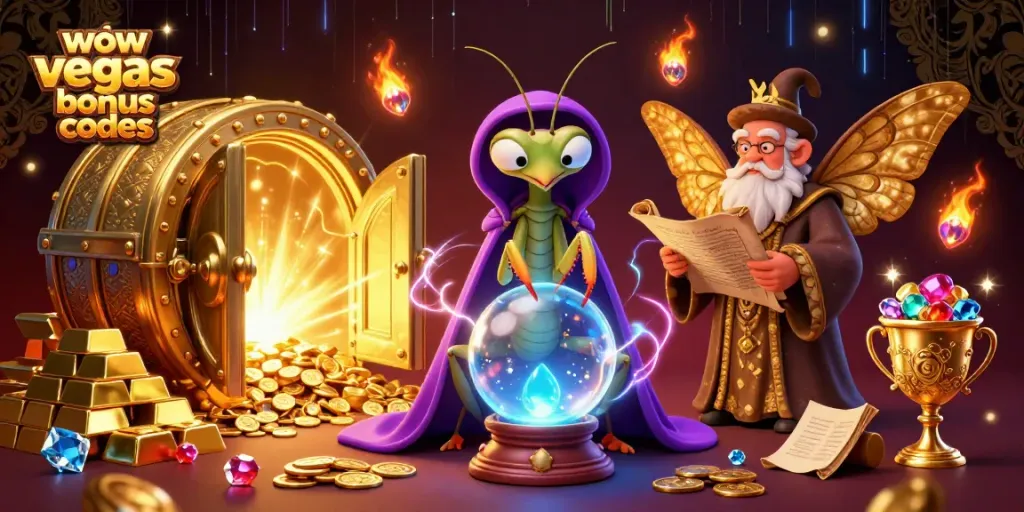 Engage with WOW Vegas bonus codes by exploring mystical casino elements in a vibrant 3D illustration.