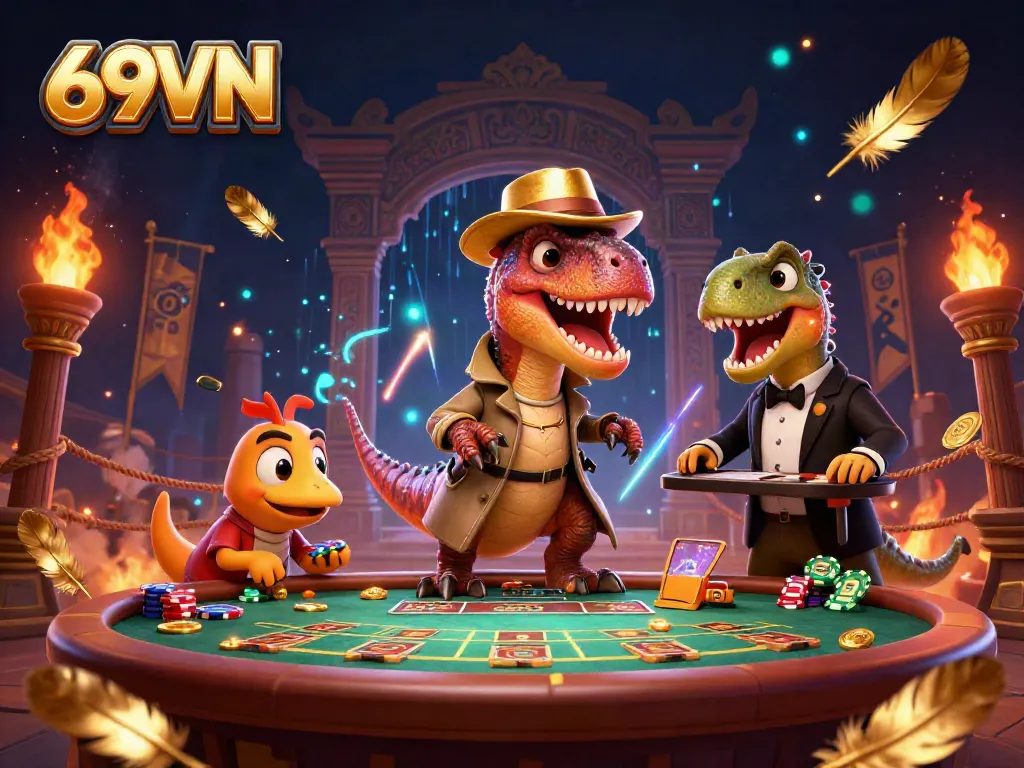 Experience thrilling gaming at 69VN with animated characters and vibrant atmosphere.