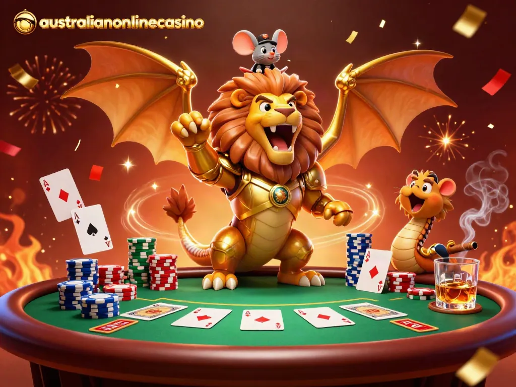 Play poker with style at australianonlinecasino, featuring a vibrant casino scene with chimera and gaming elements.