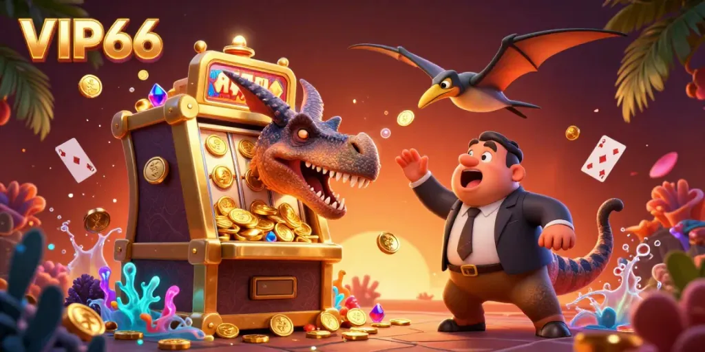 Experience thrilling jackpots at VIP66 with 3D characters and dynamic casino elements in vibrant illustration.