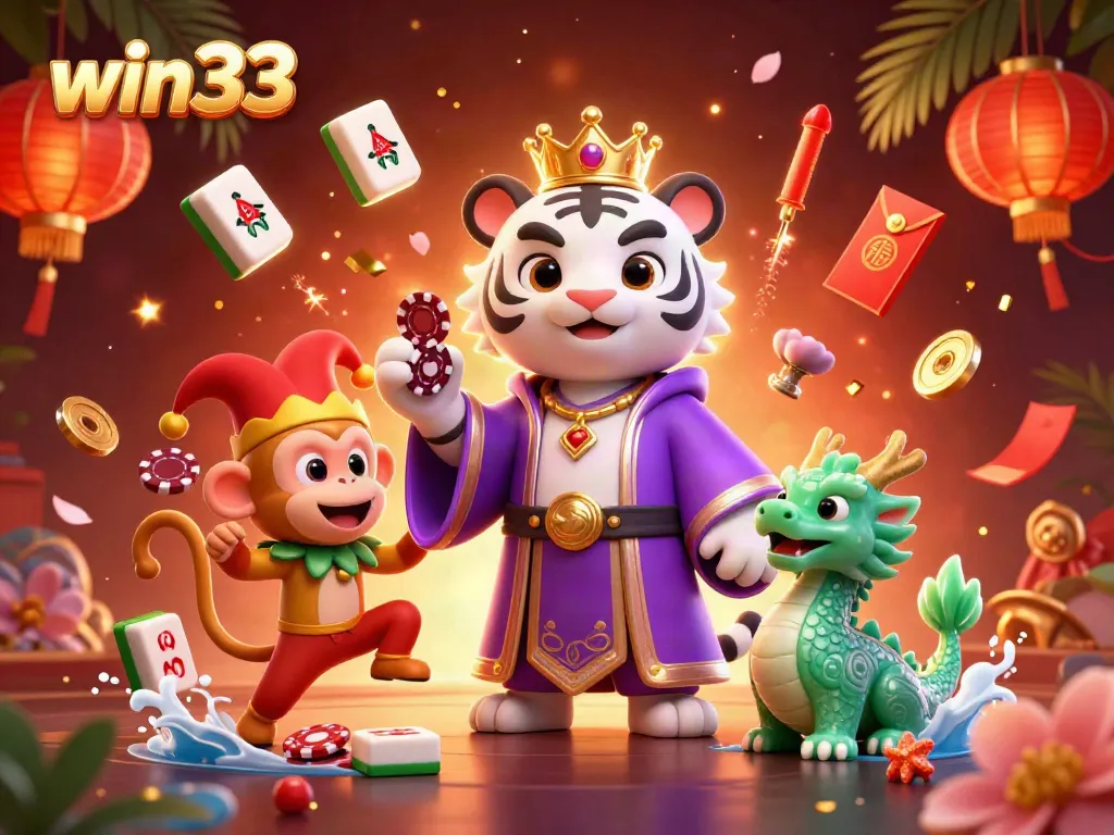 Bet on win33 with this vibrant 3D illustration showcasing a royal tiger and playful monkey at a casino.