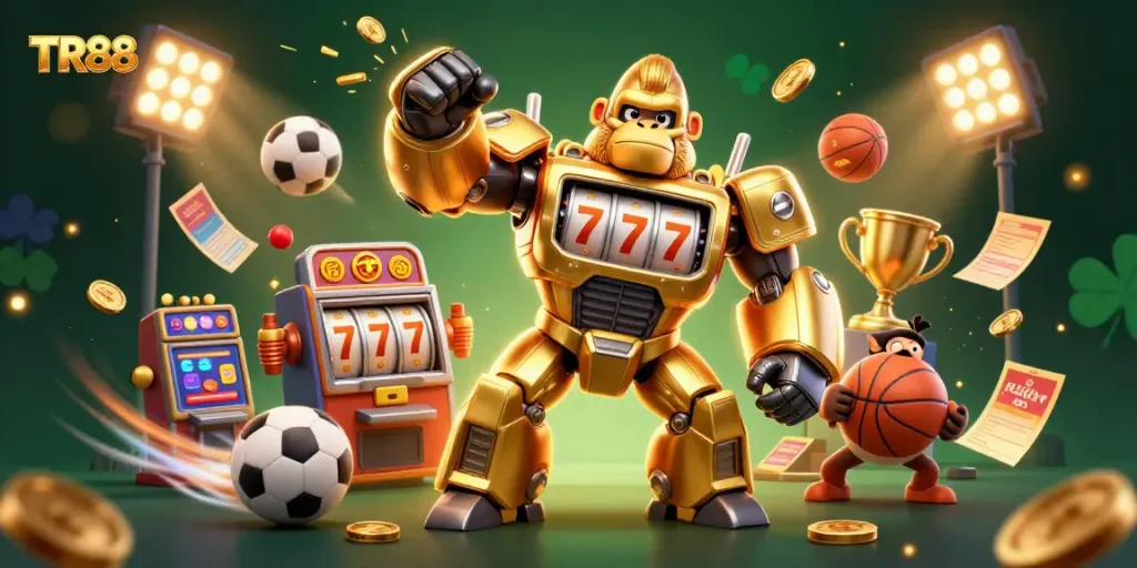 Engage with TR88's exciting gaming experience featuring a dynamic golden gorilla mech surrounded by thrilling casino elements.