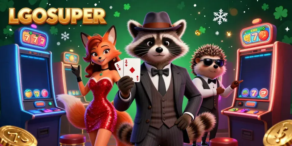 Experience playing with LGOSUPER as suave characters enjoy a vibrant casino scene filled with winning elements.