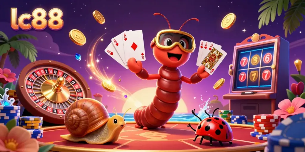 Join the fun at lc88 with a cartoon millipede dealer and high-roller snail in a lively casino scene.