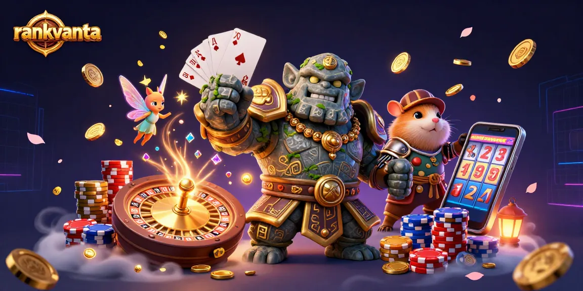 Experience thrilling gameplay with rankvanta's dynamic characters and casino elements in an enchanting scene.