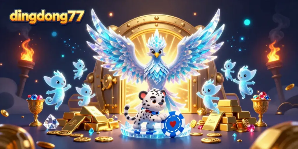 Experience big wins at dingdong77 with a magical scene filled with treasure and animated characters.