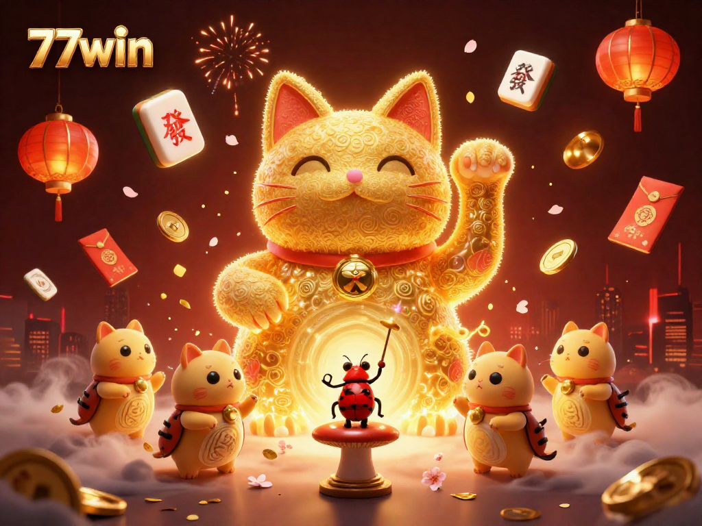 Join the fun at 77win and celebrate luck with dynamic casino symbols and a lively lucky cat!
