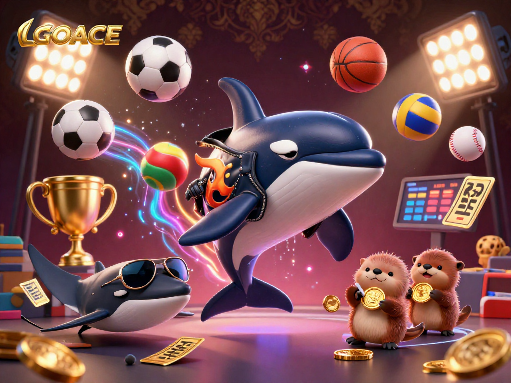 LGOACE showcases a vibrant 3D scene with characters engaged in sports betting activities featuring gold coins and dynamic sports elements.