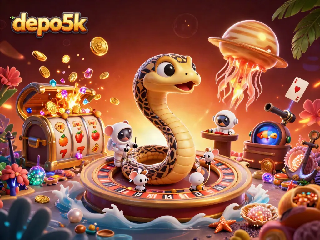 Experience the thrill of depo5k with cosmic characters and casino symbols in dynamic 3D illustration.