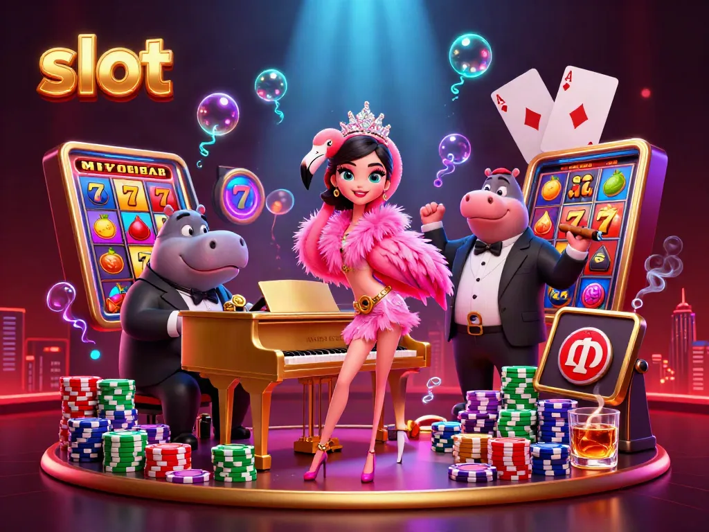 Engaging slot-themed illustration with flamingo singer and hippo bassist, showcasing vibrant casino elements