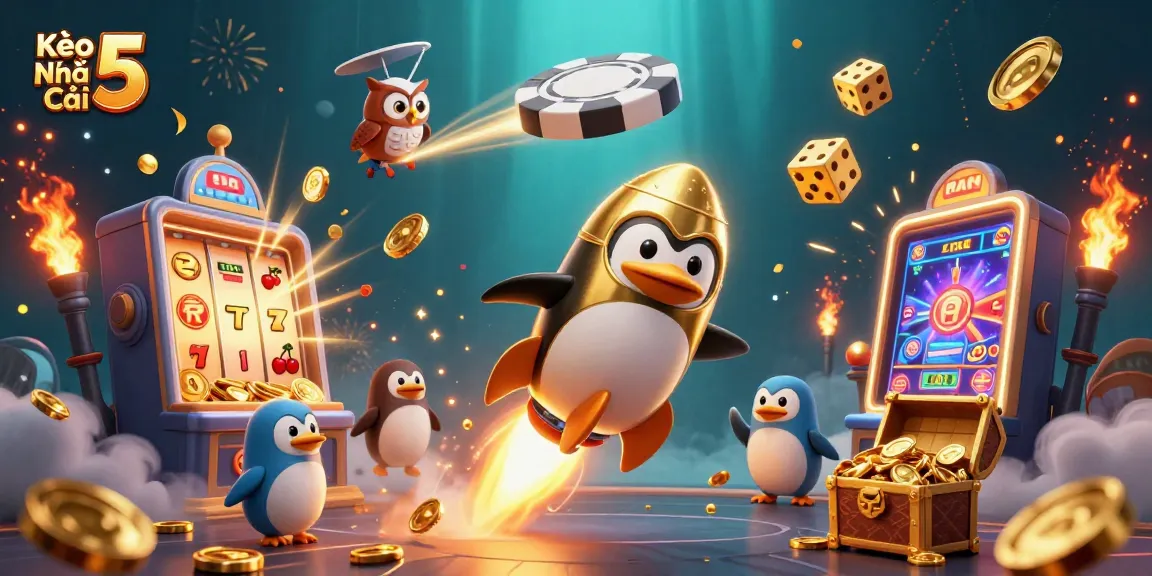 Kèo Nhà Cái 5 players enjoy thrilling casino adventures with a golden penguin and slot machine.