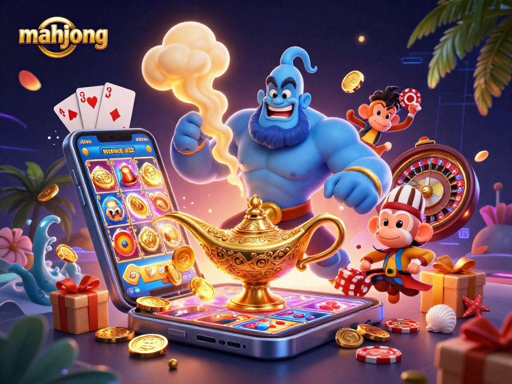 Play mahjong with animated genie, monkey, and poker chips in a vibrant casino-inspired scene.