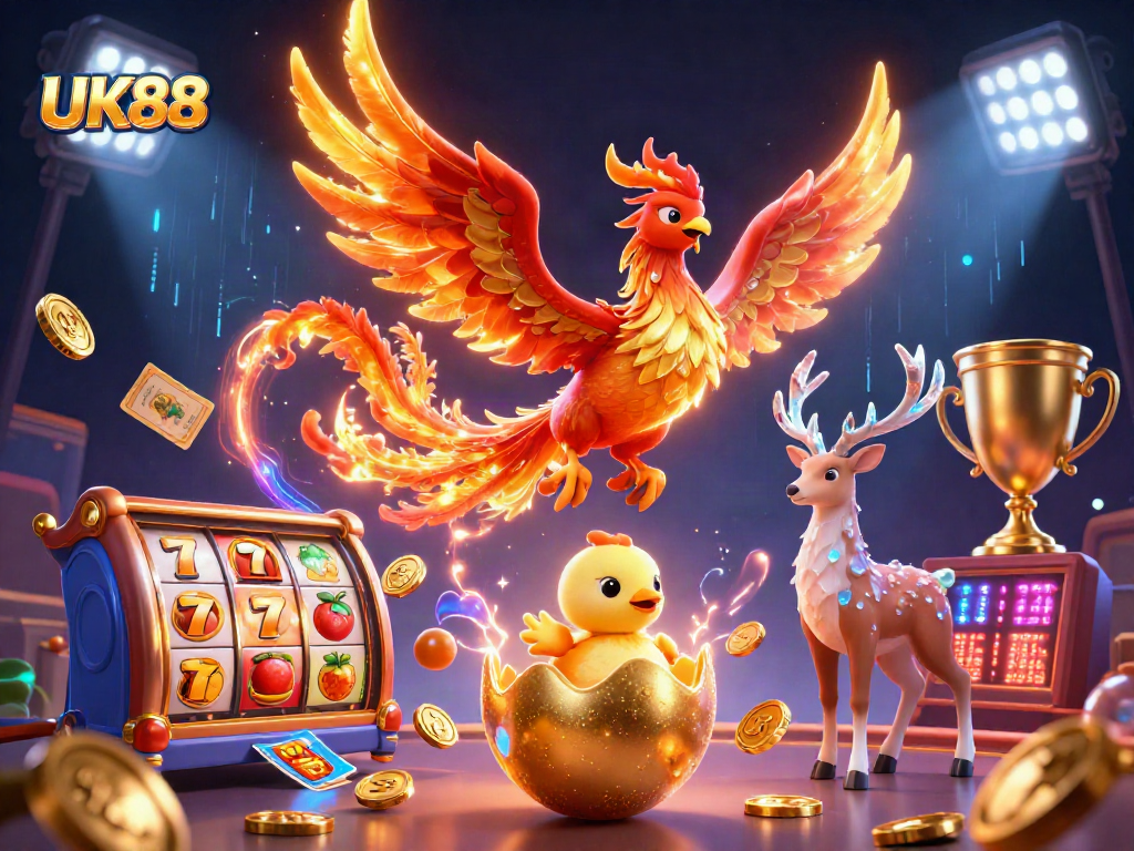 Celebrate wins with UK88 as the phoenix rises amidst vibrant casino elements.