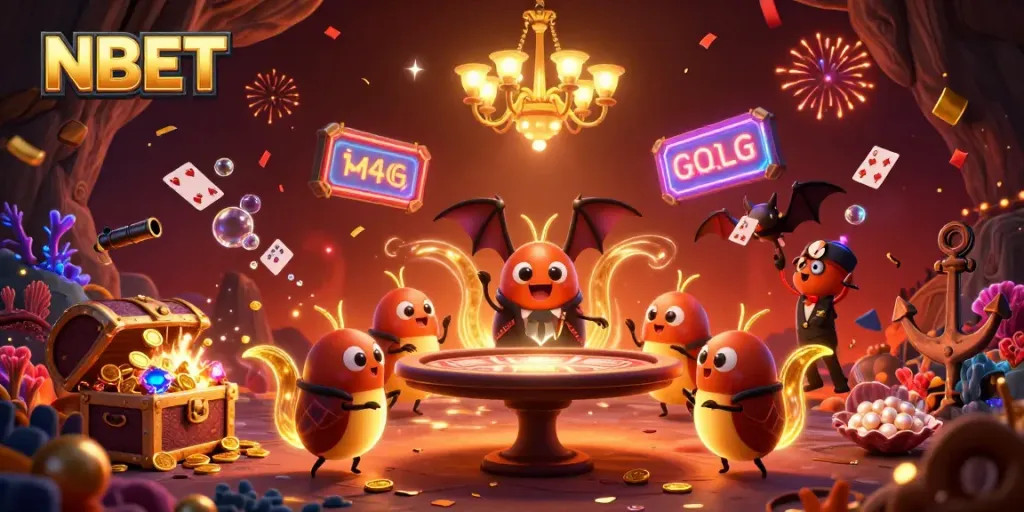 Experience winning at NBET with a vibrant casino scene illuminated by bioluminescent glowworms.
