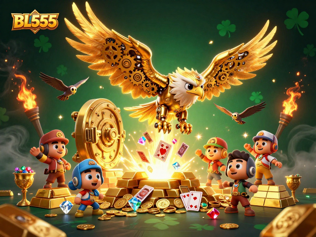 Engage with BL555 gaming adventures through our captivating 3D illustration of a golden eagle and vibrant casino elements.