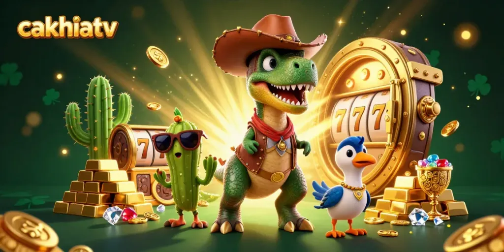 Engage with cakhiatv amid slot reels and gold treasures in a dynamic casino scene.