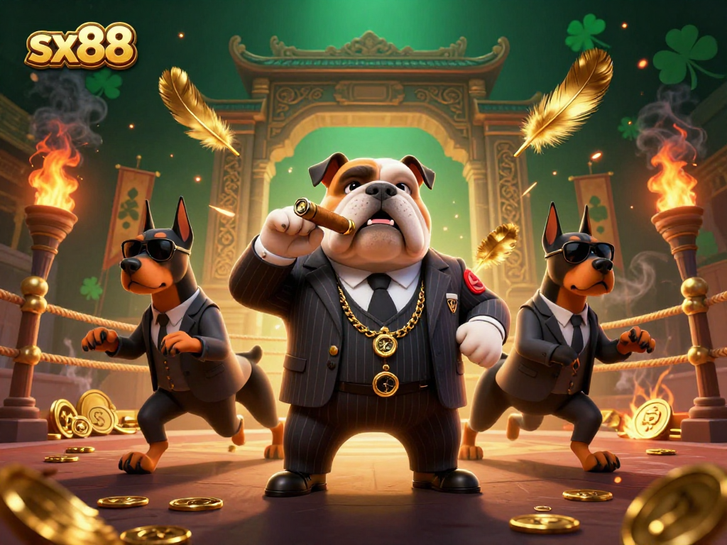 SX88 offers thrilling betting options with a 3D cartoon mafia bulldog and Doberman bodyguards amidst a vibrant casino setting.