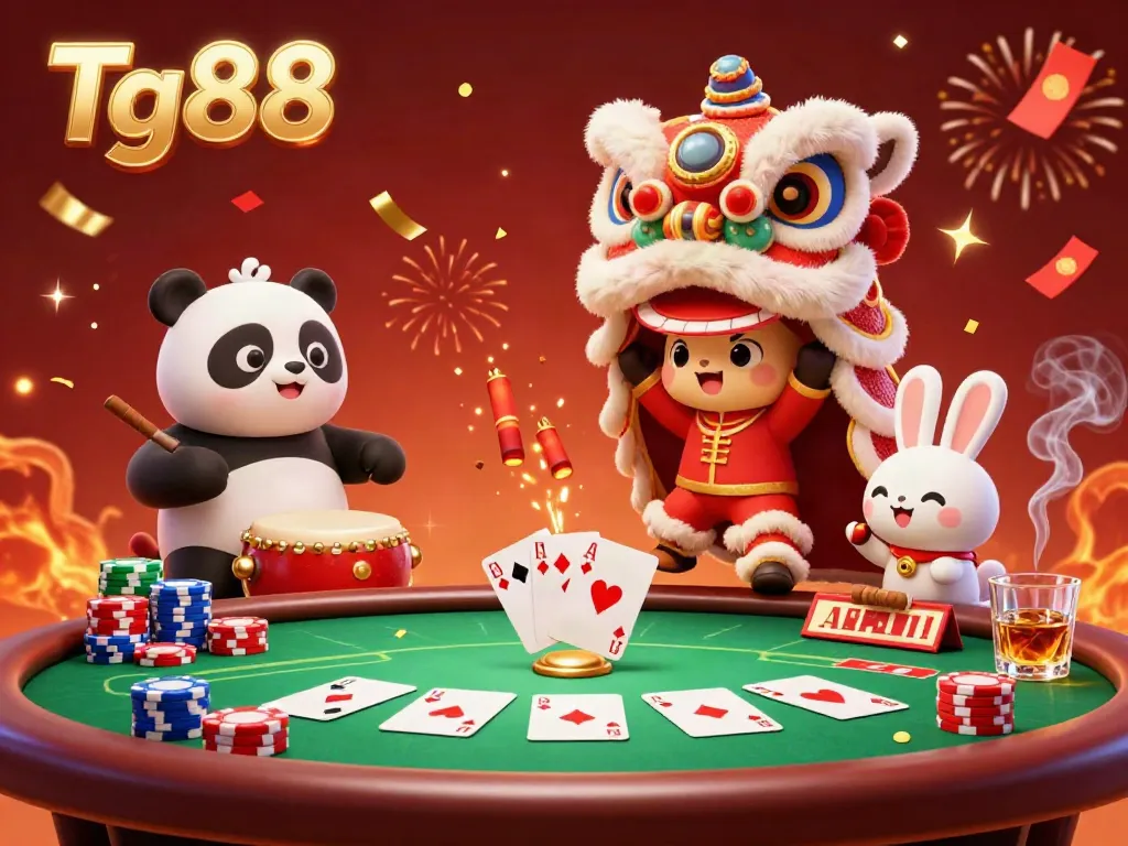 Tg88 captures the excitement of a virtual casino with a lion dance and poker elements.