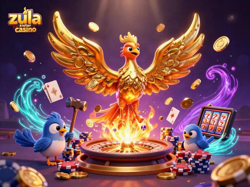 Zula sister casino features a golden phoenix and coins in an animated, vibrant gaming scene.