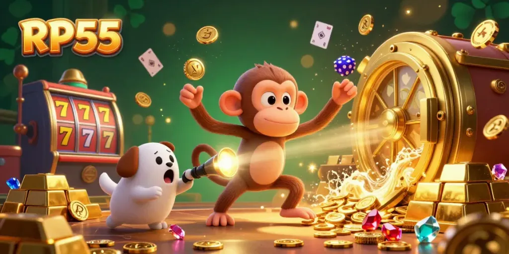 Engage with the unmatched magic of RP55 in this 3D casino scene filled with golden treasures and playful characters.
