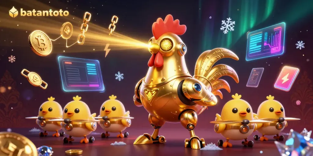Experience batamtoto in a vibrant 3D scene featuring a golden rooster robot and crypto coins.