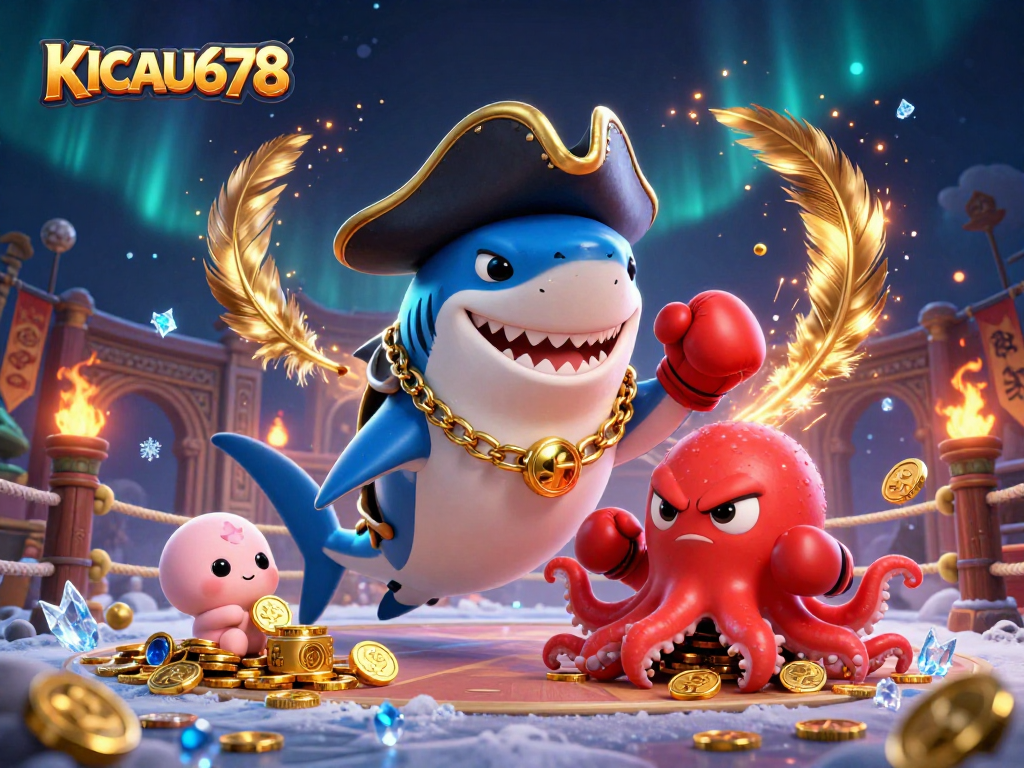 Experience thrilling gameplay at KICAU678 with a cartoon shark pirate, pufferfish, and octopus in a vibrant casino illustration.