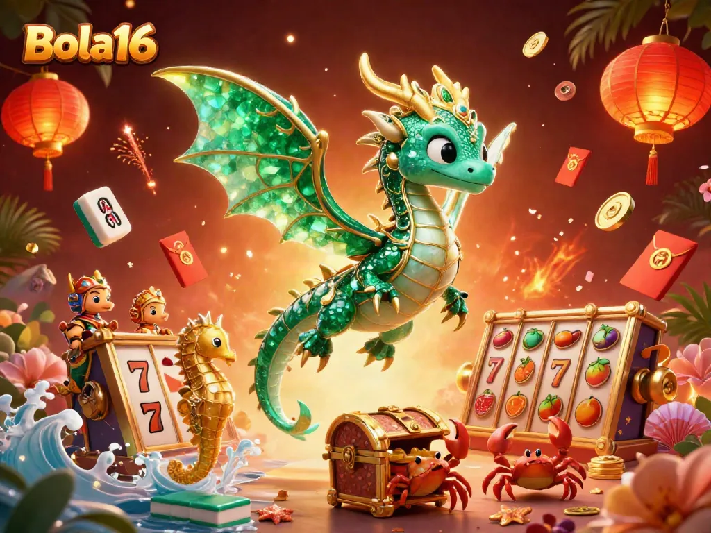 Bola16 showcasing vibrant gameplay with a sea dragon and slot motifs in a dynamic online casino illustration.