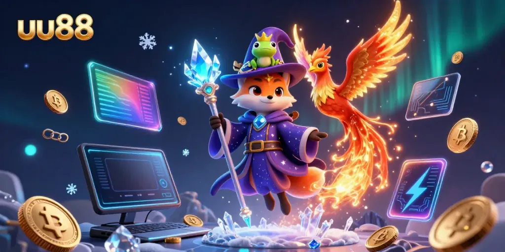 uu88 showcases a mystical wizard fox and phoenix in a vibrant casino scene with cryptocurrency elements.