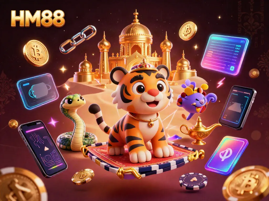 Experience vibrant gaming action with HM88, featuring a tiger sultan on a poker chip carpet surrounded by crypto coins and casino elements.