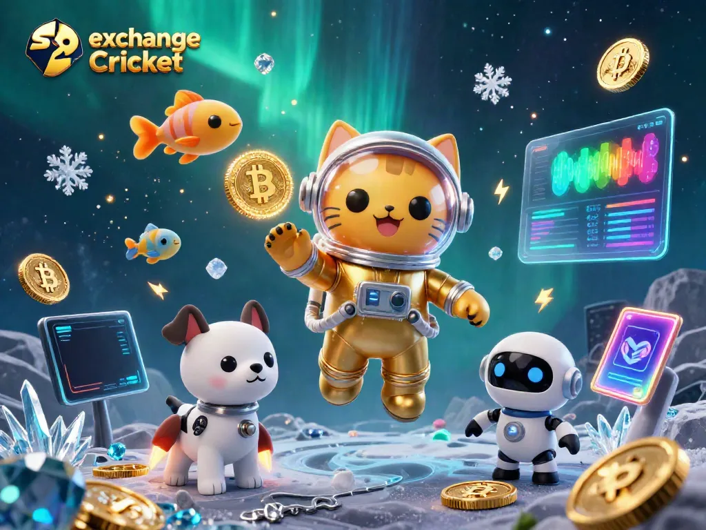Experience thrilling betting with sky exchange Cricket on an engaging 3D scene featuring a dynamic cat astronaut and robot dog.
