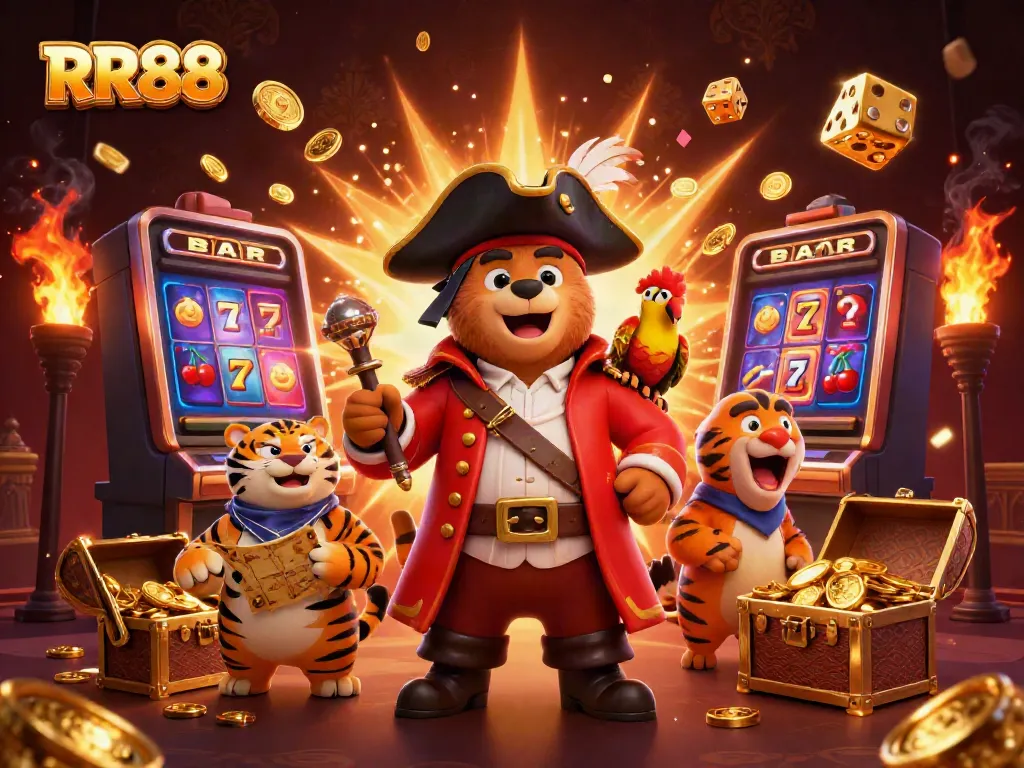 Engage in thrilling RR88 gaming with an explosion of jackpot coins and vibrant, colorful characters.