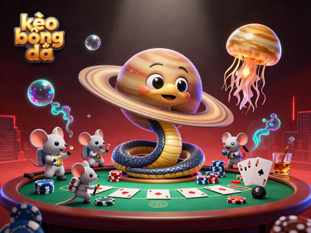 Engaging scene depicting kèo bóng đá action with astronaut mice betting on a roulette wheel planet, vibrant gaming elements.