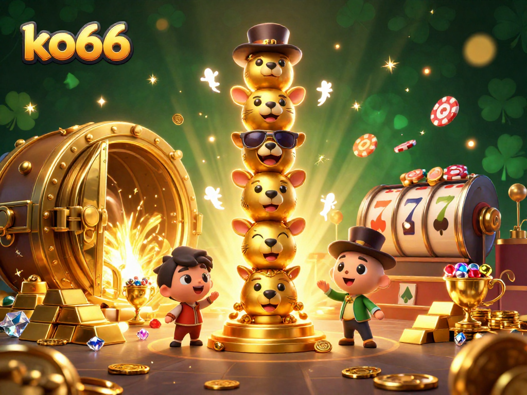 Experience the excitement of ko66 casino games with animated characters and golden treasures.