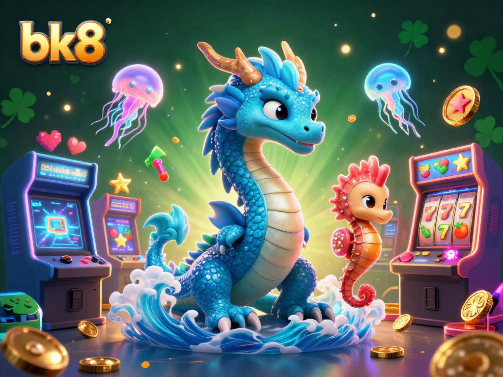 Experience the magic of bk8 with a vibrant scene featuring a water dragon and arcade themes, celebrating casino fun.
