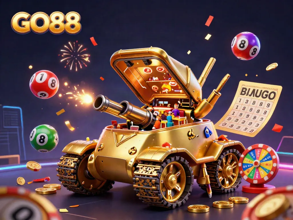 Experience the excitement of GO88 with a dynamic 3D casino-themed scene bursting with vibrant colors and engaging game elements.