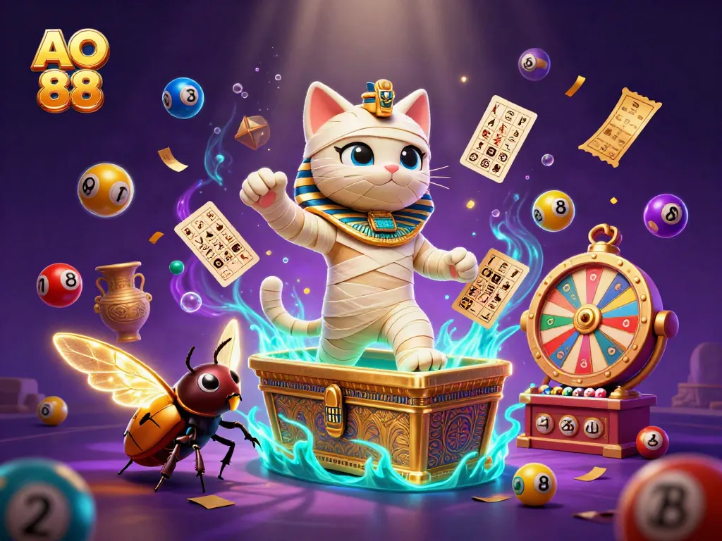 Experience the thrill of AO 88 with a dynamic Egyptian mummy cat and glowing scarab in a vibrant casino scene.