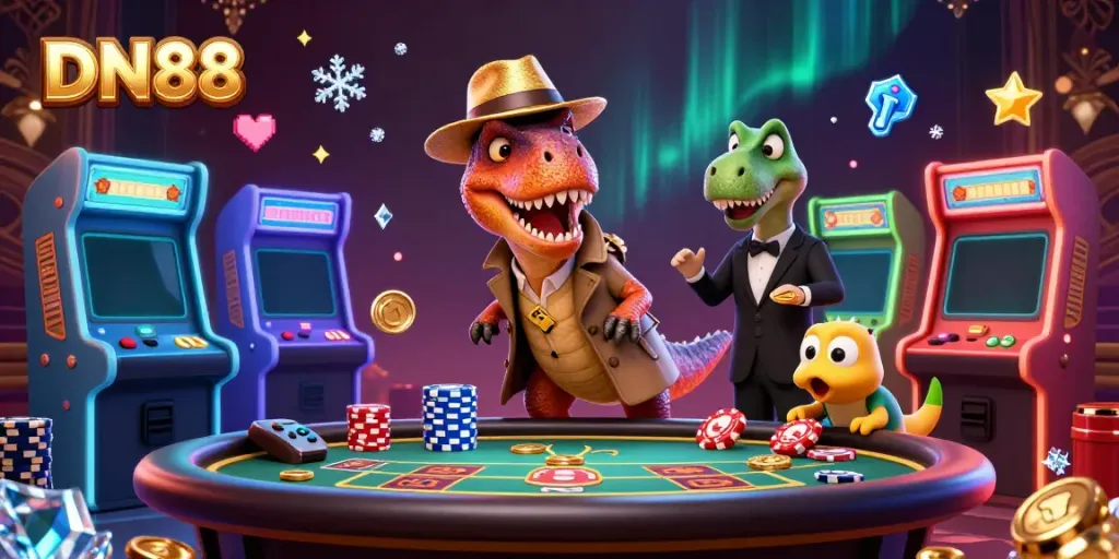 Join the thrilling gameplay at DN88 with a cartoon velociraptor at a blackjack table amidst a vibrant gaming atmosphere.