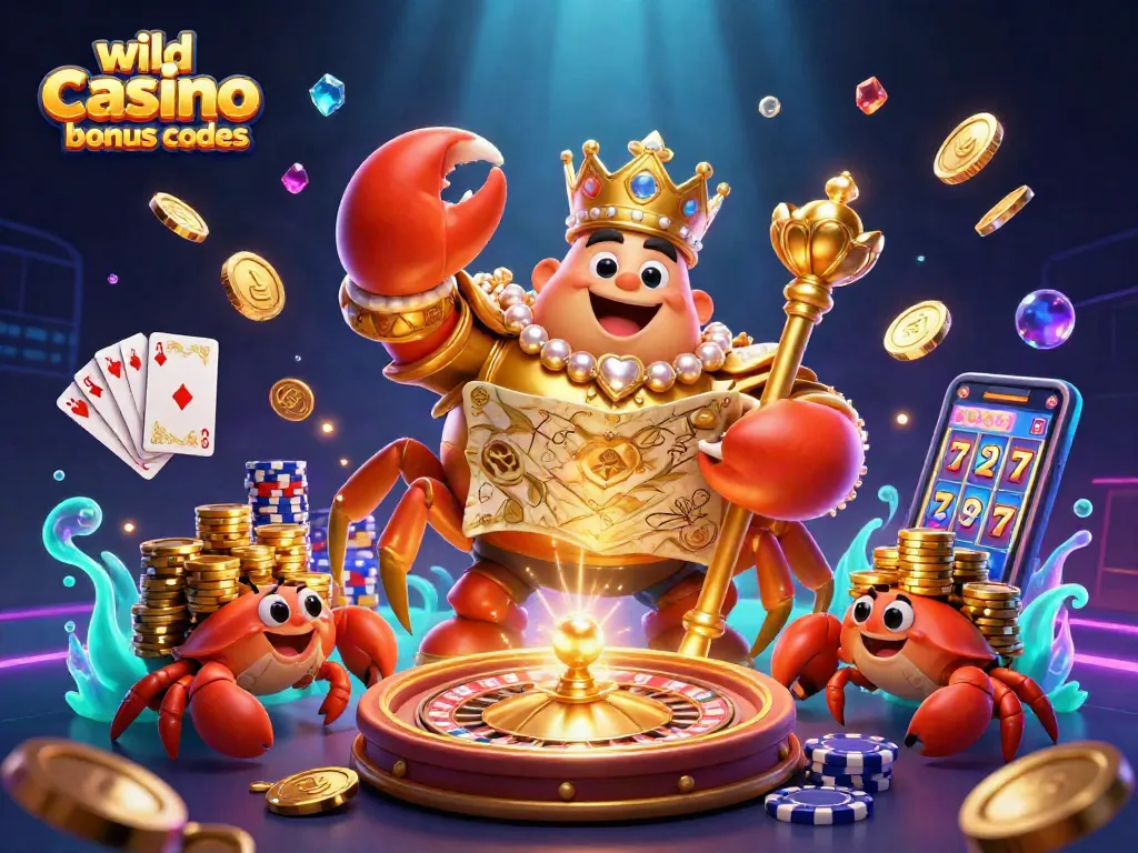 Discover wild casino bonus codes with a cartoon crab emperor in a vibrant casino scene.