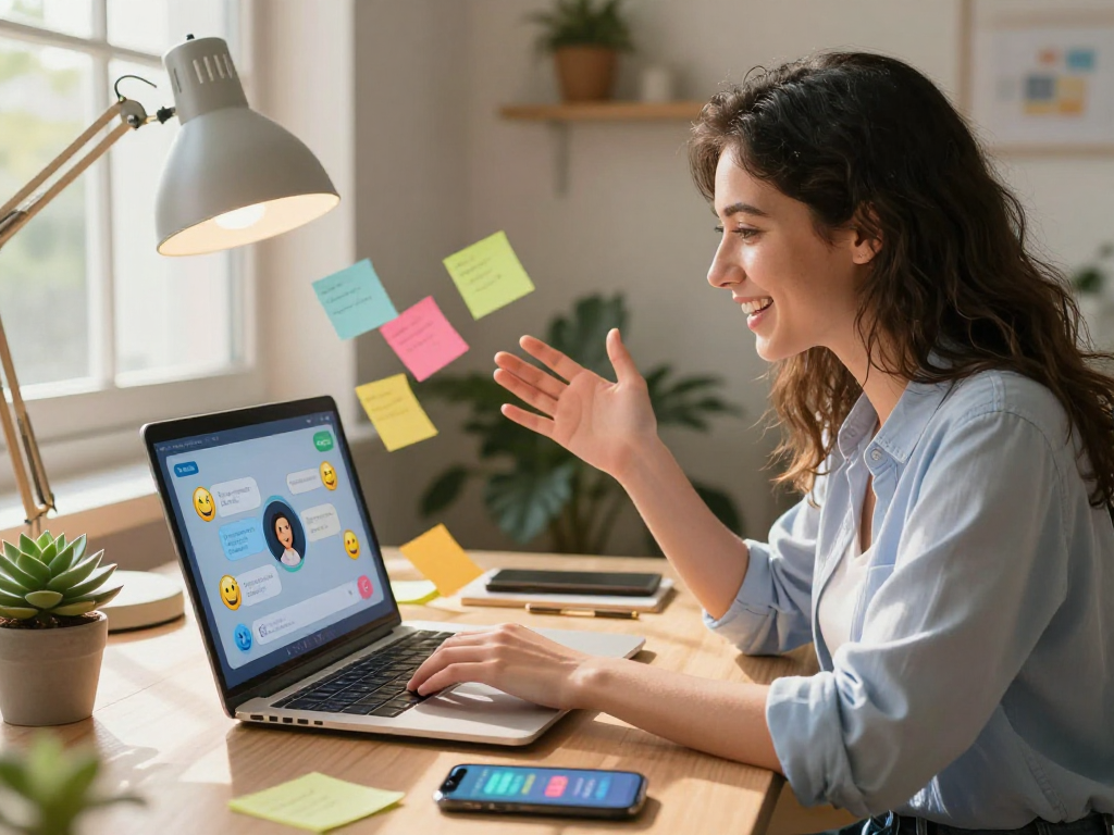 Engaging scene of a young woman interacting with a spicy ai chatbot in a cozy workspace, showcasing vibrant digital conversation.