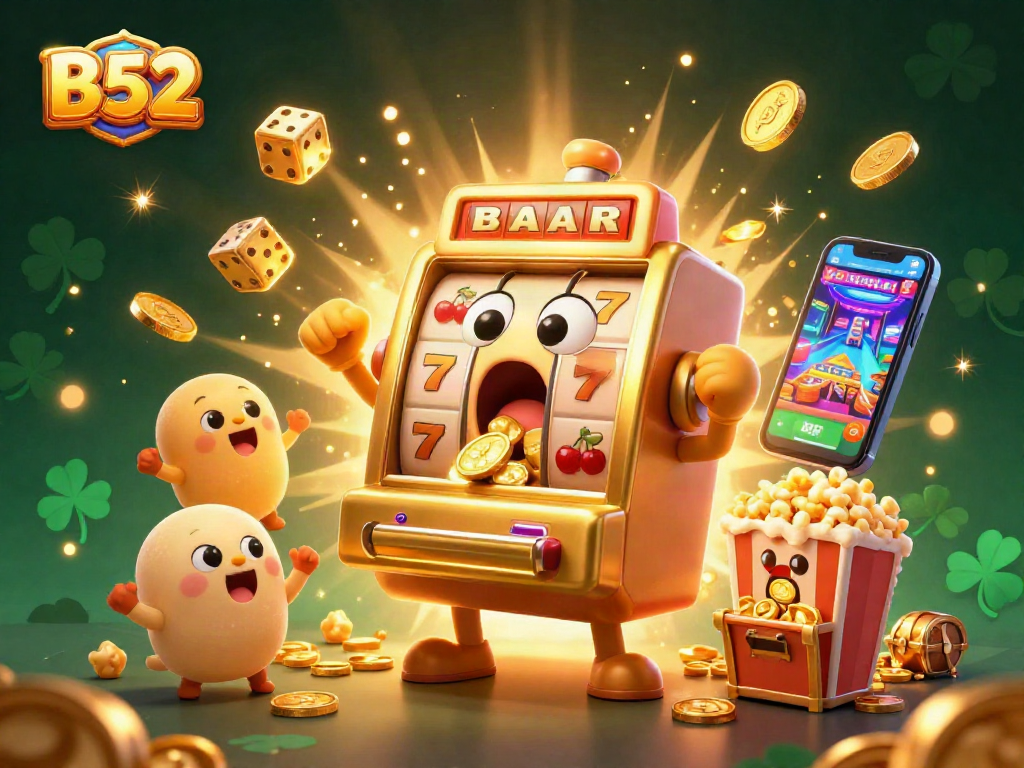 B52 slot machine hits a jackpot, showering coins as baby slots cheer, showcasing vibrant casino excitement.