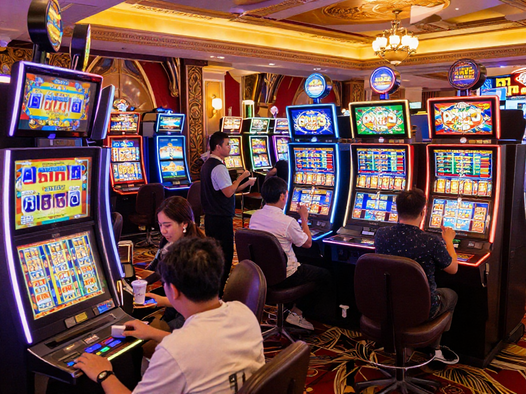 Slot gacor excitement in a lively casino setting with players at vibrant slot machines.