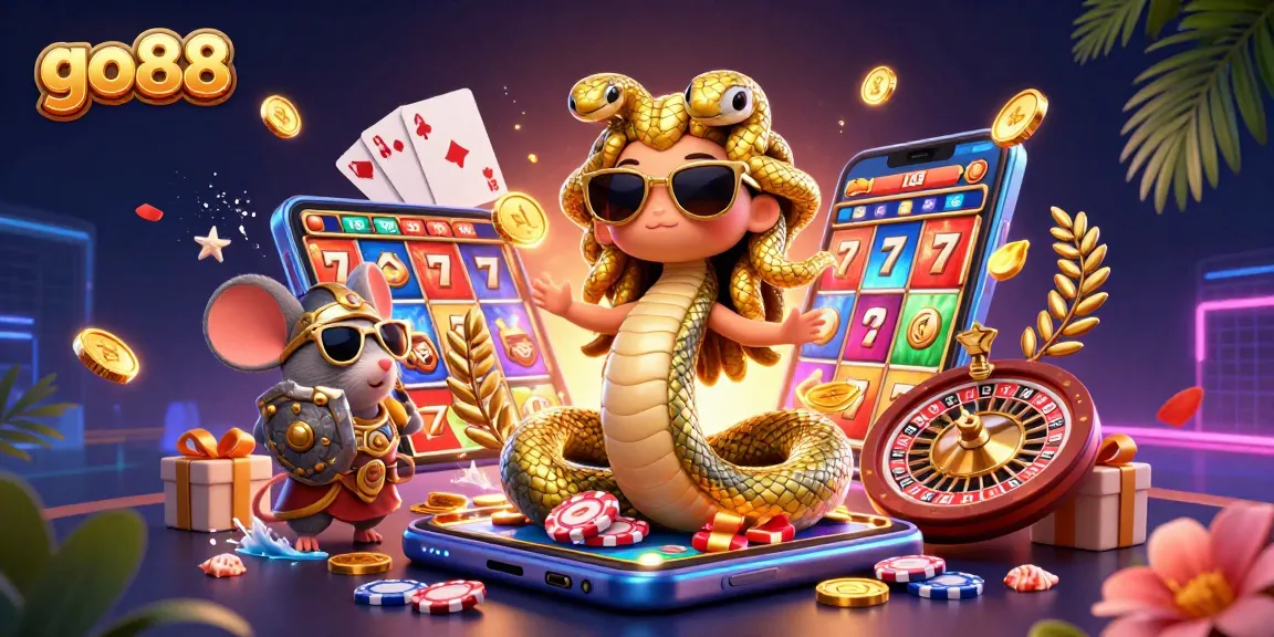 Engage in go88 excitement with dynamic gaming elements featuring Medusa and a brave mouse warrior.