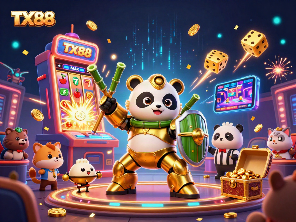 Experience thrilling gaming action with TX88 in a vibrant casino scene featuring golden panda and dynamic slot elements.