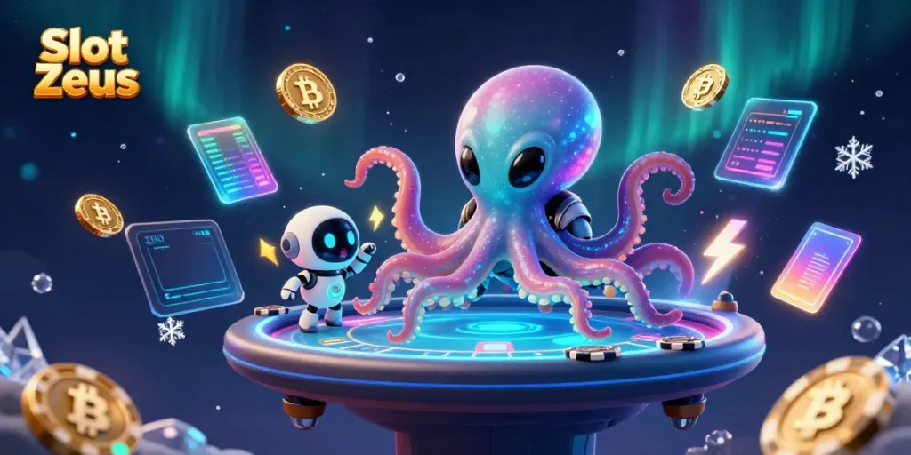 Mainkan Slot Zeus dengan gaya ceria melalui ilustrasi 3D alien dan robot di kasino holografik.