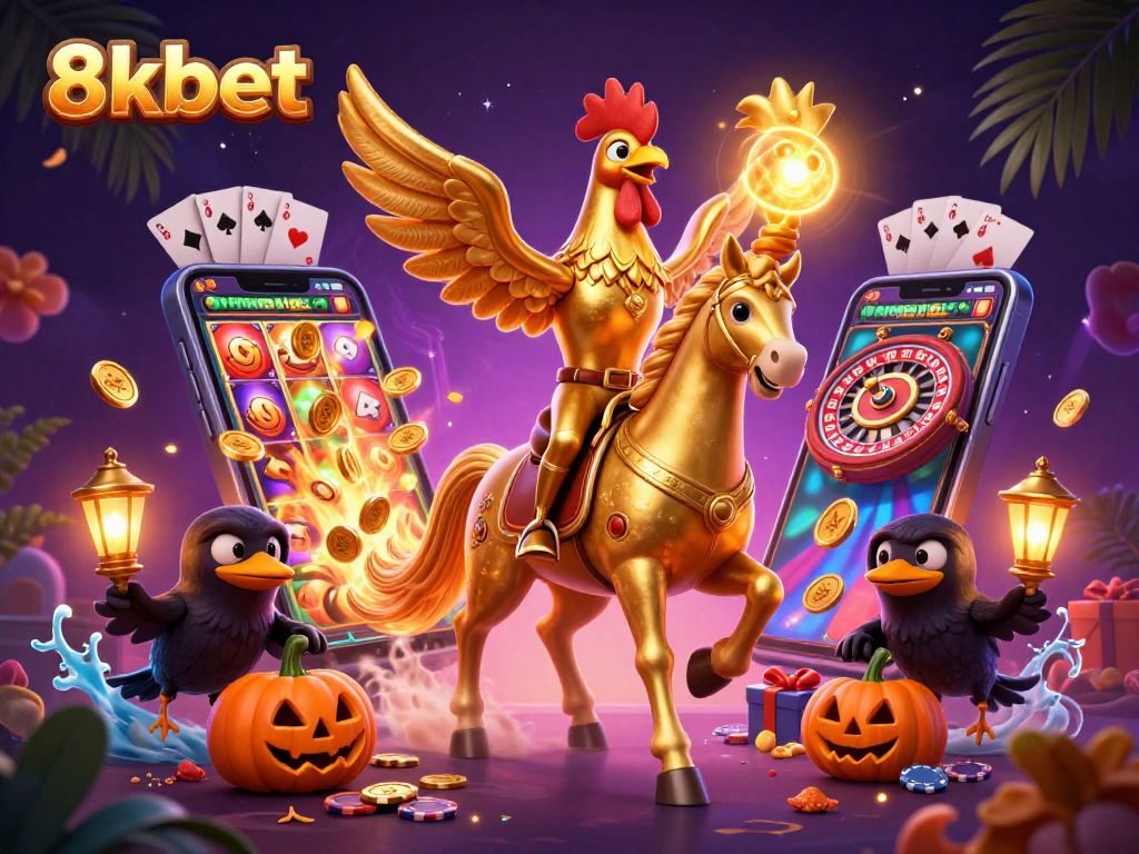Experience thrilling action with 8xbet as the golden rooster rides through a vibrant casino scene.