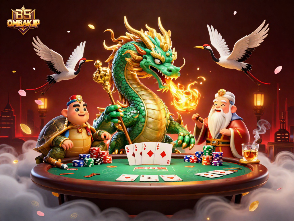 Engage in thrilling gameplay at OMBAKJP with a majestic dragon, poker elements, and vibrant colors.