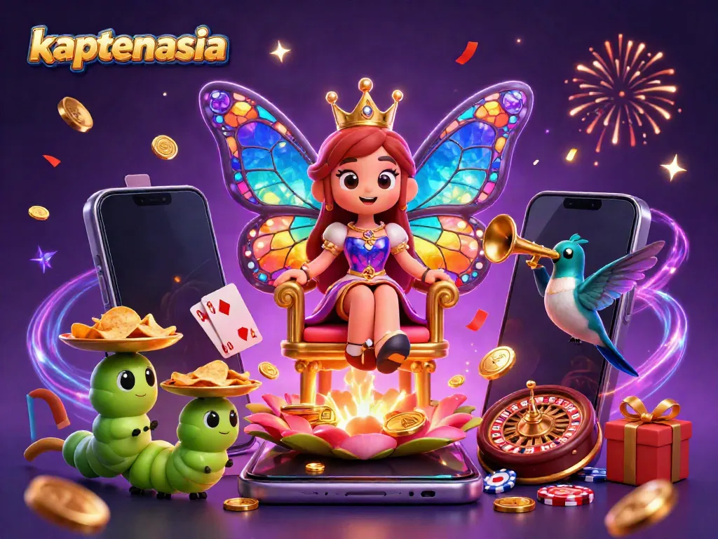 Kaptensia menghadirkan permainan slot yang menarik dengan banyak elemen bermain seperti ponsel, koin emas, dan kartu permainan.