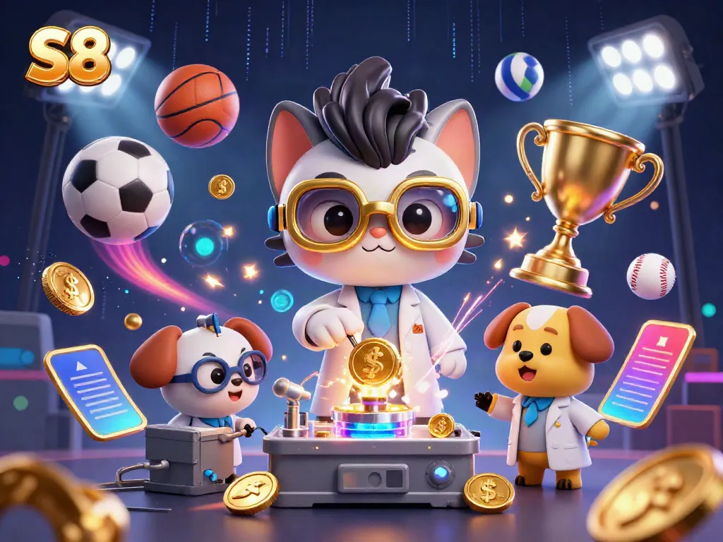 S8 sports betting scene with a mad scientist cat and lab assistant dog creating coins amidst sports elements