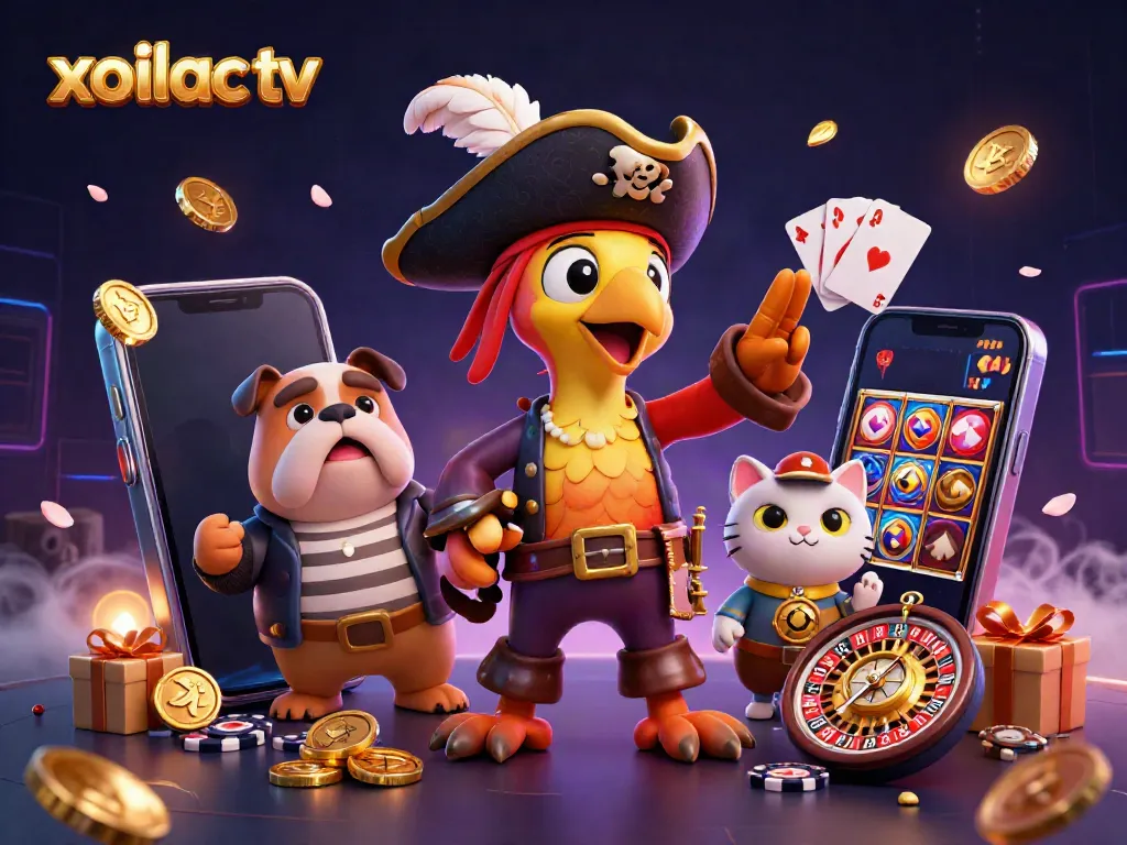 Xoilac TV showcases a vibrant 3D scene with a pirate captain and gaming elements like slot reels and poker chips.