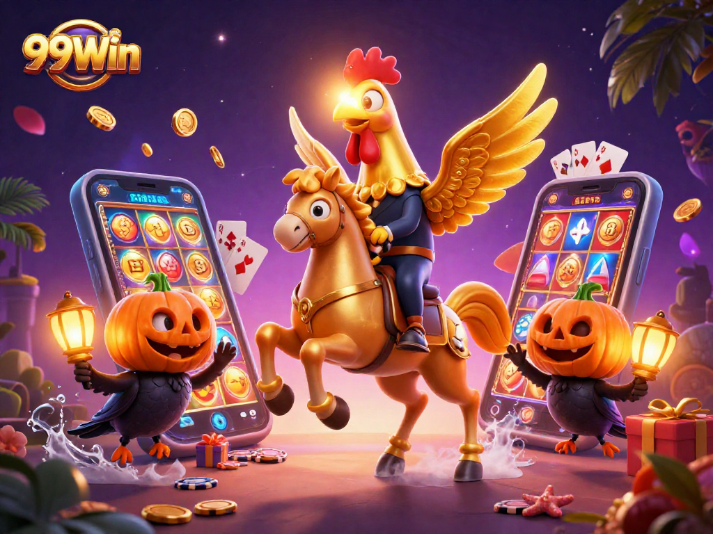 Experience vibrant gaming excitement with 99Win's thrilling 3D casino illustration featuring unique characters.